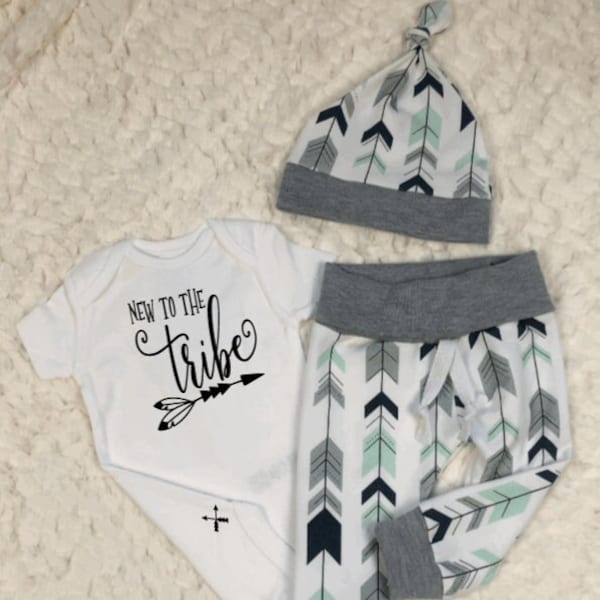 New to the Tribe Boy Outfit, Arrow, Tribal, Leggings, Pants, Bodysuit, Hat, Newborn, Coming Home, Hospital Outfit, Baby Shower