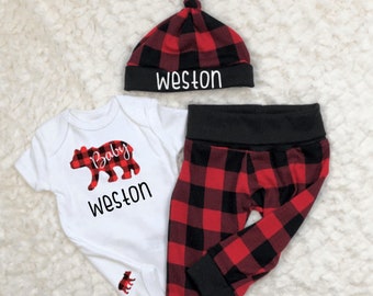 Personalized Buffalo Plaid Baby Outfit: Bear Bodysuit, Leggings & Hat