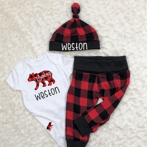 Buffalo Plaid Baby Outfit, Bear, Girl, Boy Leggings, Pants, Bodysuit, Hat, Personalized, Newborn, Coming Home, Hospital, Shower