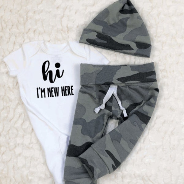 Camo Newborn Boy Baby Coming Home Outfit, Hi I'm New Here, Hello World, Welcome, Leggings, Pants, Bodysuit, Hat, Hospital, Baby Shower