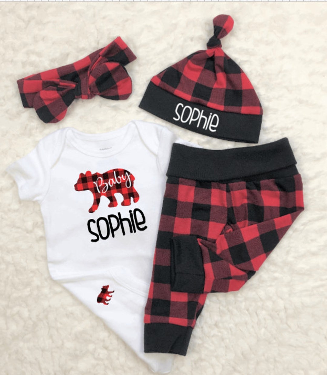 Buffalo Plaid Baby Girl Outfit, New Baby Bear, Coming Home