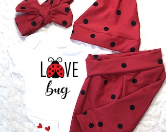 Love Bug Baby Girl Outfit, Lady Bug, Welcome, Newborn, Coming Home, Leggings, Pants, Bodysuit, Hat, Headband, Hospital, Shower