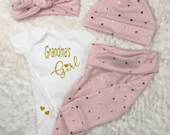 Sparkle Grandma's Girl Baby Outfit, Newborn, Coming Home, Little Girl, Pink, Gold Glitter, Leggings, Pants, Bodysuit, Hat, Headband