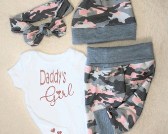 Sparkle Pink Camo Baby Girl Outfit, Daddy's Girl, Leggings, Pants, Bodysuit, Hat, Headband, Newborn, Coming Home