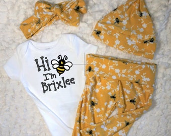 Bee Baby Girl Outfit, Honey, Welcome, Newborn, Coming Home, Little Girl, Leggings, Pants, Bodysuit, Hat, Headband, Hospital, Shower