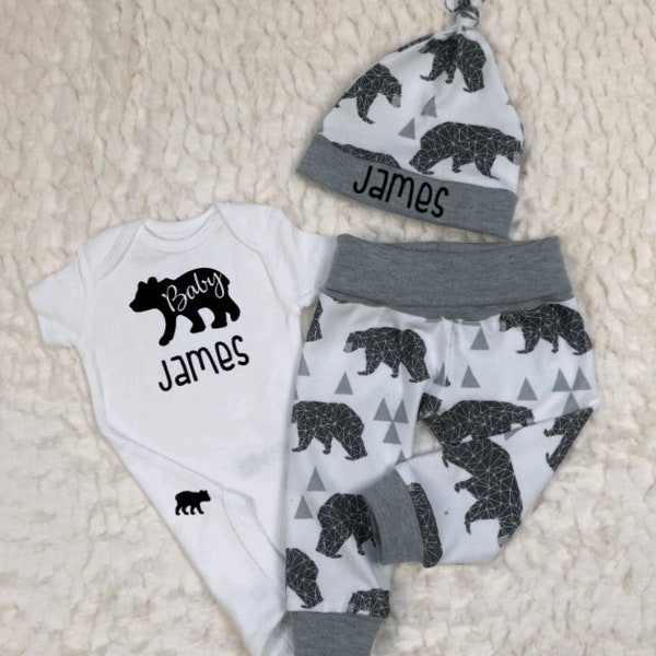 Newborn Coming Home Baby Bear Outfit, Girl, Boy Leggings, Pants, Bodysuit, Hat, Personalized, Hospital, Shower