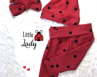 Little Lady Bug Baby Girl Outfit, Love Bug, Welcome, Newborn, Coming Home, Leggings, Pants, Bodysuit, Hat, Headband, Hospital, Shower