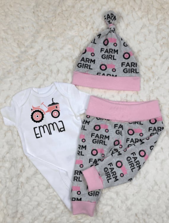 Farm Girl Tractor Baby Outfit, Leggings, Pants, Bodysuit, Hat, Welcome, Newborn, Coming Home, Personalized, Custom