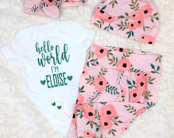 Sparkle Hello World Baby Girl Outfit, Pink, Flowers, Leggings, Pants, Bodysuit, Hat, Headband, Personalized