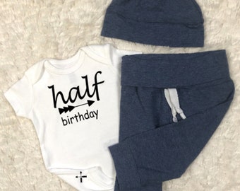 Half Birthday Baby Boy Outfit, Little Boy, Leggings, Pants, Bodysuit, Hat,Denim Jersey