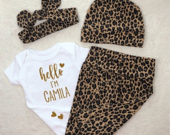Sparkle Animal Print Newborn Baby Girl Coming Home Outfit, Cheetah, Leopard, Hello, Leggings, Pants, Bodysuit, Hat, Headband, Personalized
