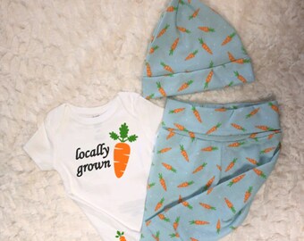 Carrot Baby Outfit, Boy, Girl, Locally Grown, Happy Easter, Leggings, Pants, Bodysuit, Hat, Newborn, Coming Home, Hospital, Shower