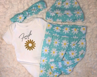 Sparkle Daisy Baby Outfit, Little Girl, Flowers, Leggings, Pants, Bodysuit, Hat, Headband, Newborn, Home Coming