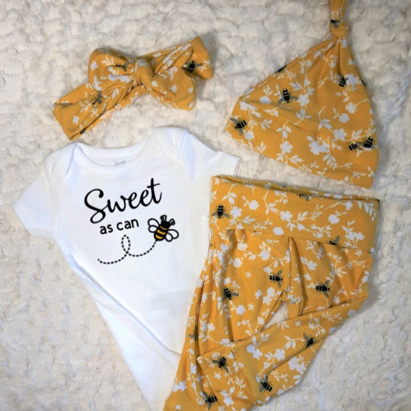 Bee Baby Girl Outfit, Honey, Sweet as can Bee, Welcome, Newborn, Coming Home, Little Girl, Leggings, Pants, Bodysuit, Hat, Headband