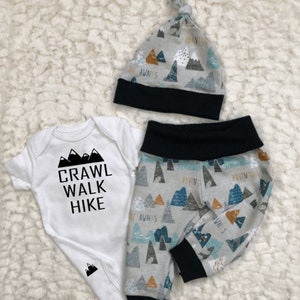 Adventure Baby Outfit: Mountain Print Leggings, Bodysuit & Hat, Little Girl, Little Boy