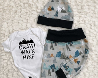 Adventure Baby Outfit: Mountain Print Leggings, Bodysuit & Hat, Little Girl, Little Boy