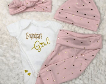 Sparkle Grandpa's Girl Baby Outfit, Newborn, Coming Home, Little Girl, Pink, Gold Glitter, Leggings, Pants, Bodysuit, Hat, Headband