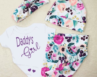 Sparkle Baby Girl Outfit, Daddy's Girl, Little Girl, Purple, Pink, Flowers, Leggings, Pants, Bodysuit, Hat, Headband