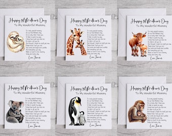 1st Mother's Day Cards, Penguin, Highland Cow, Koala Bear, Giraffe, Monkey, Sloth Design with Mummy Poem, Personalise with Child's Name