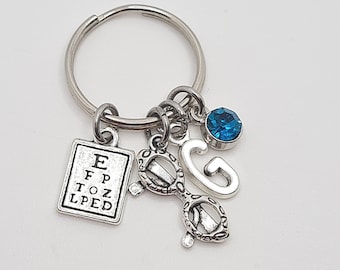 Personalised Opticians Keyring, Eye Chart and Glasses Charms, Initial and Birthstone