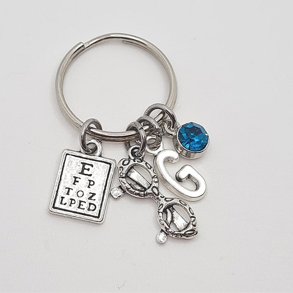 Personalised Opticians Keyring, Eye Chart and Glasses Charms, Initial and Birthstone