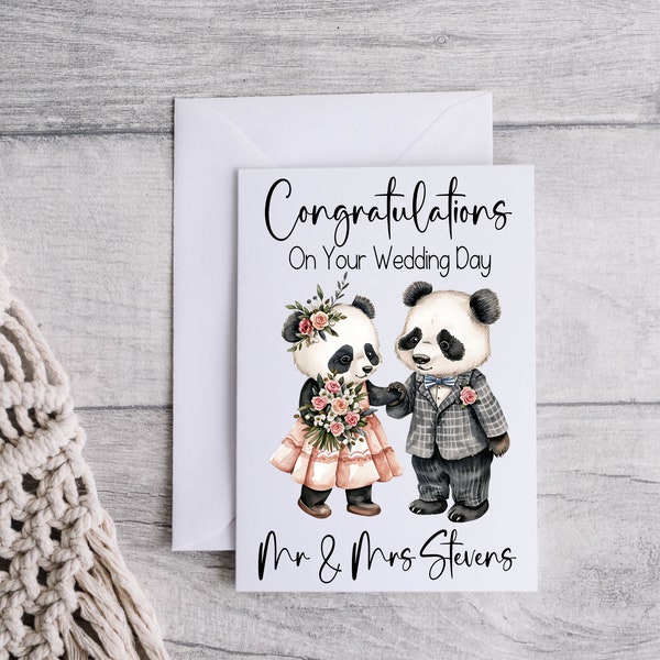 Congratulations Wedding Day Card, Cute Panda Bride and Groom Design, Personalise with Name
