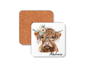 Highland Cow Wearing Glasses Coaster - Personalise With Any Name