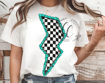 Turquoise Stone Checkered Lightning Bolt PNG | Western Sublimation png  | Hand Drawn Lightning png | Retro Cowgirl Shirt Design | bestseller