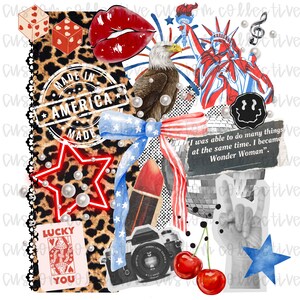 May include: A collage of patriotic and pop culture elements. Includes a red star, dice, lips, an eagle, the Statue of Liberty, a camera, cherries, and a playing card. The text "MADE IN AMERICA" is visible.