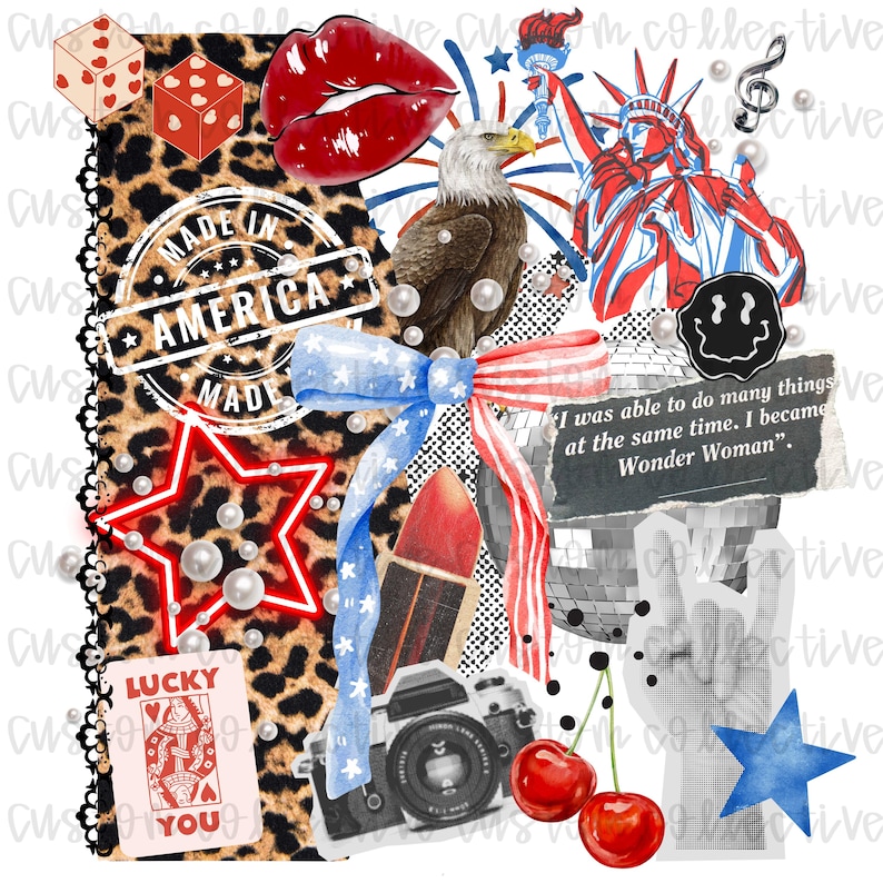 May include: A collage of patriotic and pop culture elements. Includes a red star, dice, lips, an eagle, the Statue of Liberty, a camera, cherries, and a playing card. The text "MADE IN AMERICA" is visible.