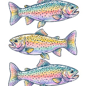May include: Three colorful rainbow trout illustrations. Each fish is depicted with a vibrant array of colors, including blues, pinks, yellows, and greens, with black spots. The fish are oriented horizontally, showcasing their detailed fins and scales.