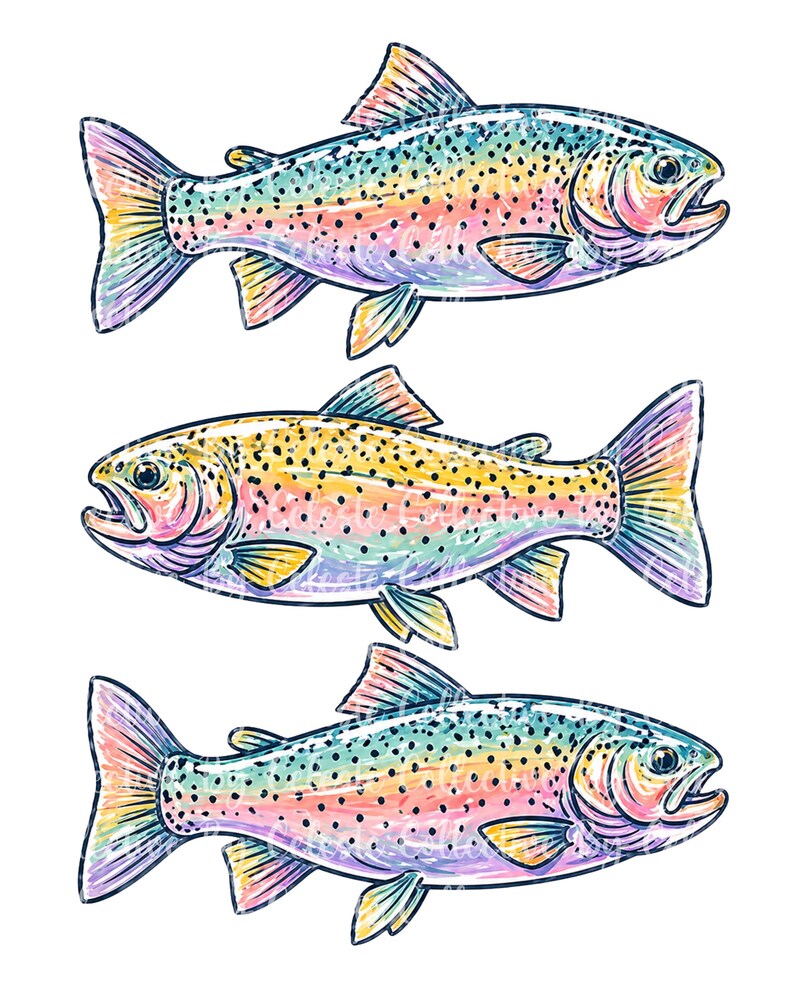 May include: Three colorful rainbow trout illustrations. Each fish is depicted with a vibrant array of colors, including blues, pinks, yellows, and greens, with black spots. The fish are oriented horizontally, showcasing their detailed fins and scales.