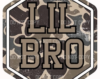 May include: A hexagonal shaped graphic with a camouflage pattern background. The text "LIL BRO" is in large, bold, brown letters with black outlines.