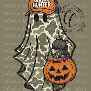 May include: A Halloween-themed graphic featuring a ghost wearing an orange cap with "CANDY HUNTER" text. The ghost is draped in a camouflage pattern and carries a jack-o'-lantern bucket filled with candy.