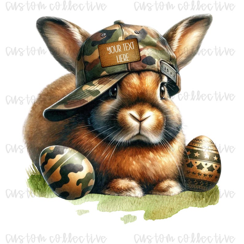 May include: A brown bunny wearing a camouflage baseball cap with the text "YOUR TEXT HERE" on the front. The bunny is holding two Easter eggs, one with a camouflage pattern and the other with a gold and black pattern.