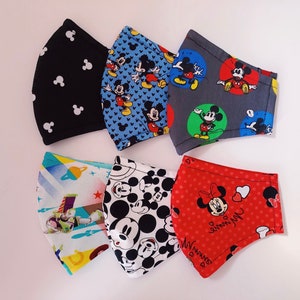 Disney Collection 1: Print Fabric Cotton Face Masks, 3Triple Layer + Adjustable Ear Loops + Nose Wire + Filter Pocket - Reusable + Washable
