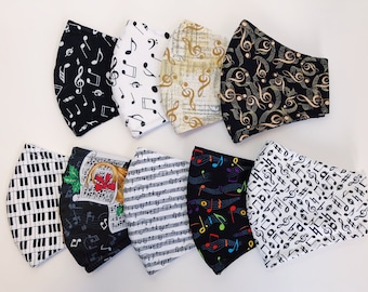 Music Collection 1: Print Fabric Cotton Face Masks, 3Triple Layer + Adjustable Ear Loops + Nose Wire + Filter Pocket (Reusable)