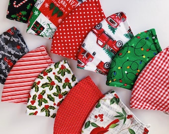 Christmas Collection 1: Print Fabric Cotton Face Masks + Adjustable Ear Loops + Nose Wire + Filter Pocket - Reusable + Washable + Breathable