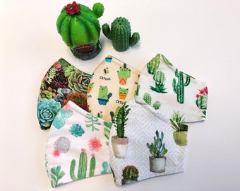 Cactus Print Cotton Face Mask: Adjustable, Filter Pocket, Triple Layer