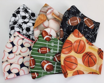 Katoenen gezichtsmasker met sportprint: drielaags, verstelbaar, filterzak