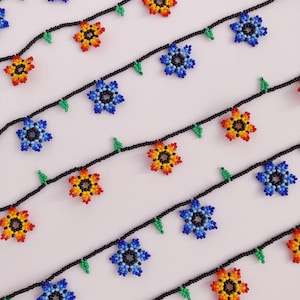 Beaded Flower Necklace, Handmade Flower Beaded Necklaces, Blue Floral Necklace, Seed Bead Handmade Jewelry, Colorful PrettyFlower Beads