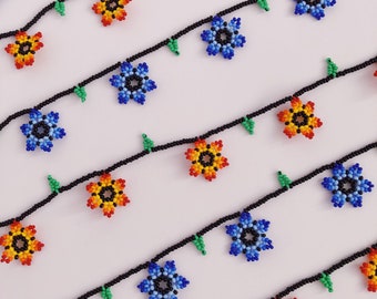 Handmade Seed Bead Flower Necklace, Colorful Floral Jewelry