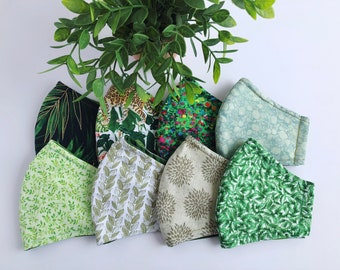 Green Print Fabric Face Mask: Cotton, Adjustable, Filter Pocket