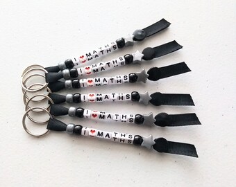 School Teacher Class Gift, I LOVE Maths - English - Science - Art... Back to School, Book bag tag, Bag charm, Personalised Beaded Keyring,