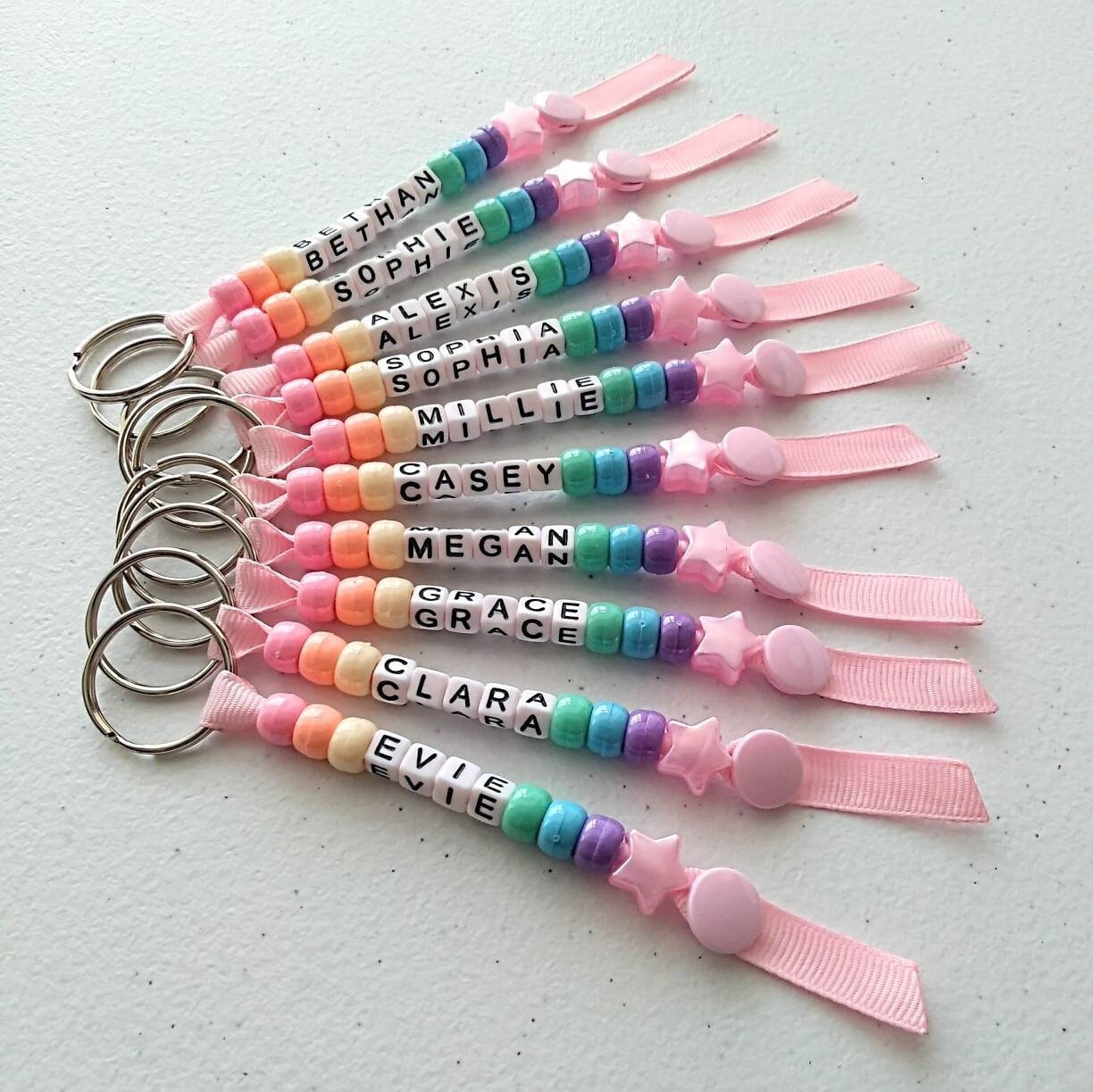 Pastel Multi Coloured Keychain, Personalised Beaded Keyring, Handmade, End of Term, School Teacher Class Gift, Book Bag Lunch Bag Name Label