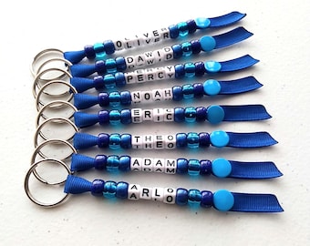 Personalised Beaded Blue Keyring, Handmade Keychain, End of Term, Personalised Gift, Book bag name tag, Lunch Bag Name Label, Back to School