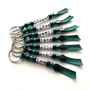 Personalised Dark GREEN Keyring, School Teacher Class Gift, Handmade Keychain, End of Term Gift Idea, Book bag tag, Lunch Bag Name Label