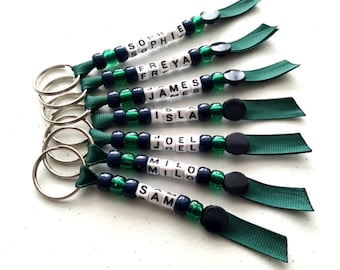 Personalised Dark GREEN Keyring, School Teacher Class Gift, Handmade Keychain, End of Term Gift Idea, Book bag tag, Lunch Bag Name Label