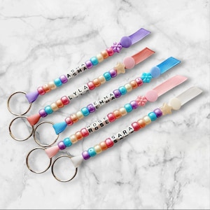 Personalised Beaded Pearl Pastel Rainbow Keyring, Pastel Multi Coloured Keychain, School Teacher Gift Idea, Book Bag Tag, Party Bag Favours