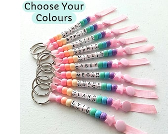 Pastel Multi Coloured Keychain, Personalised Beaded Keyring, Handmade, End of Term, School Teacher Class Gift, Book Bag Lunch Bag Name Label